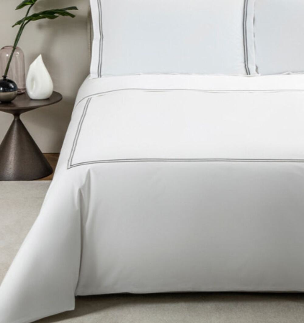 FRETTE Classic Duvet Crisp White Cotton Percale with Gray Embroidered Trim King